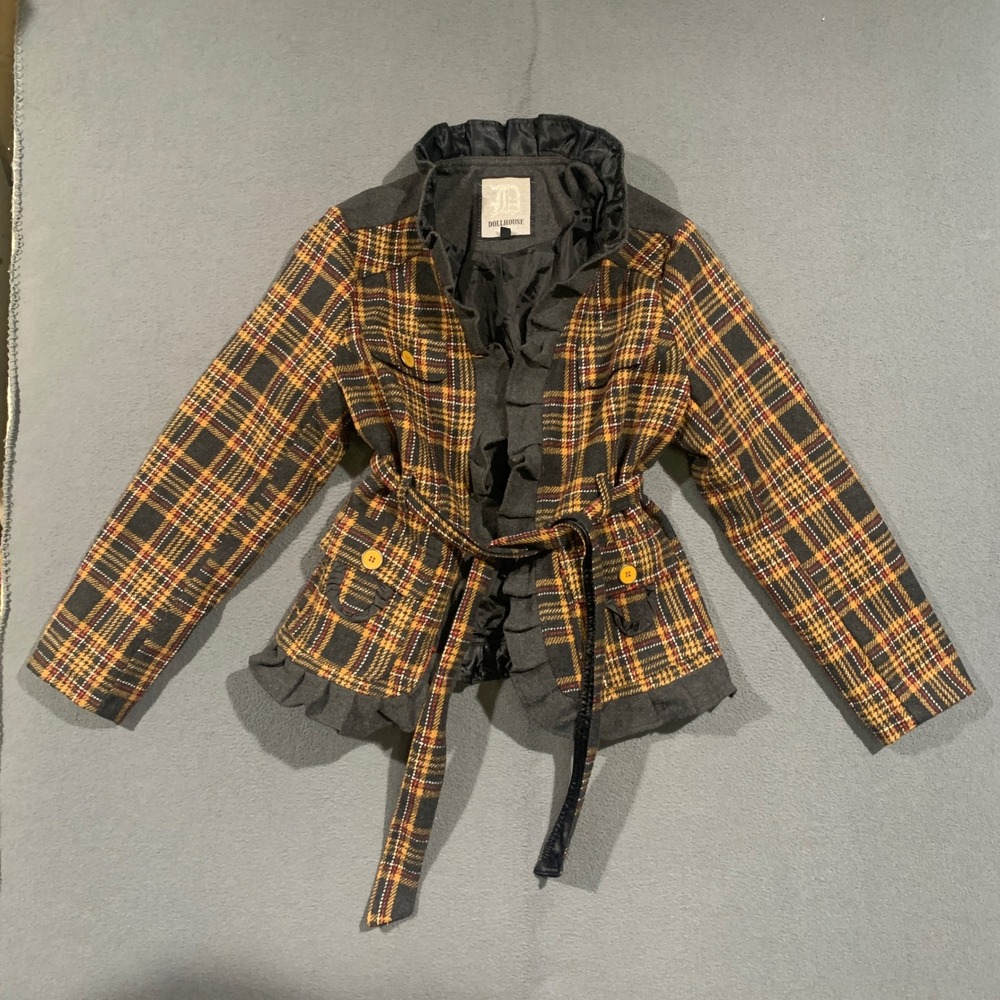 Dollhouse Plaid Belted Jacket Women 1X Yellow Gray Ruffle Trim Wool Blend Peplum
